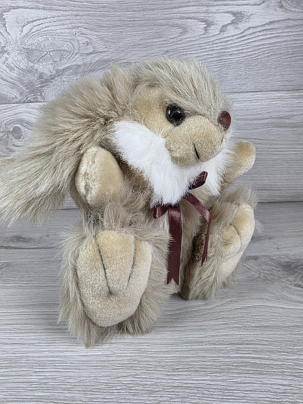 Vtg Bunny Plush Stuffed Animal w Ribbon Light Brown Cream Farm Barnyard SU64